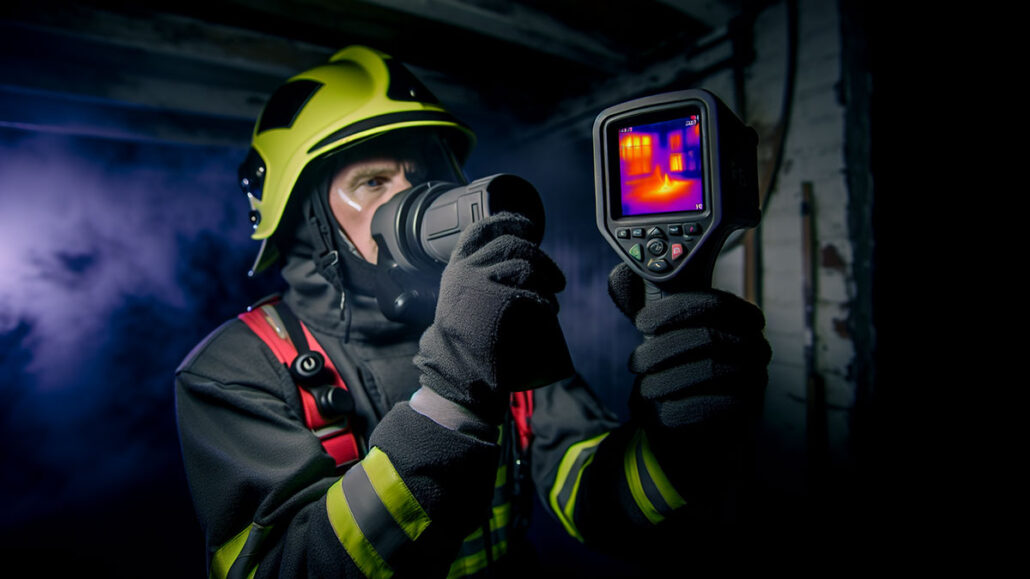 firefighter holding a thermal imaging camera