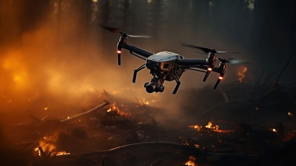 drone flying over an area affected by fire