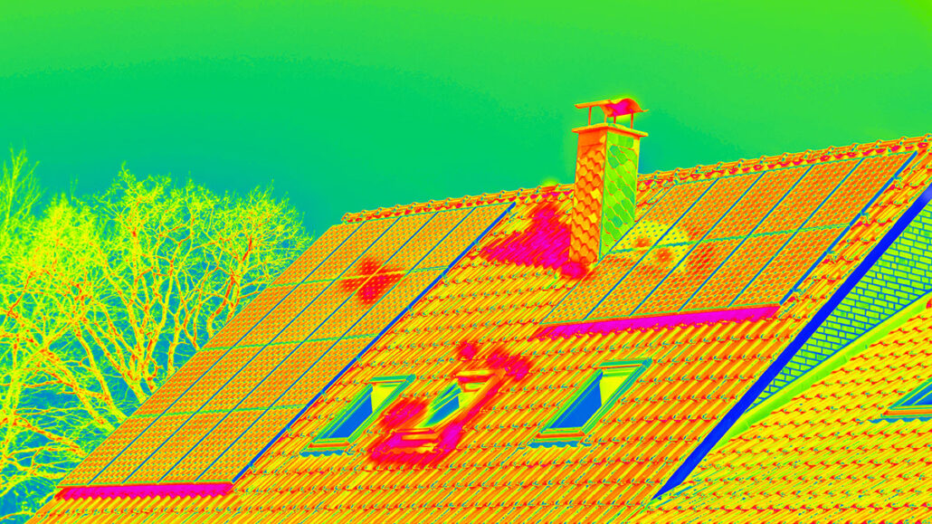 thermal image of a houses roof with hot spots
